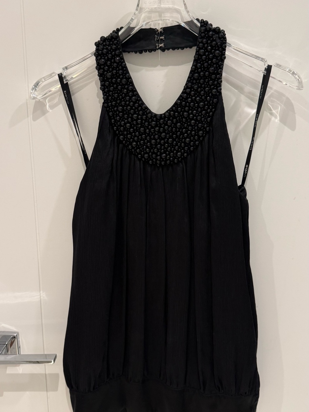 Bebe Vintage Black Silk Top with Embellished Beaded Collar